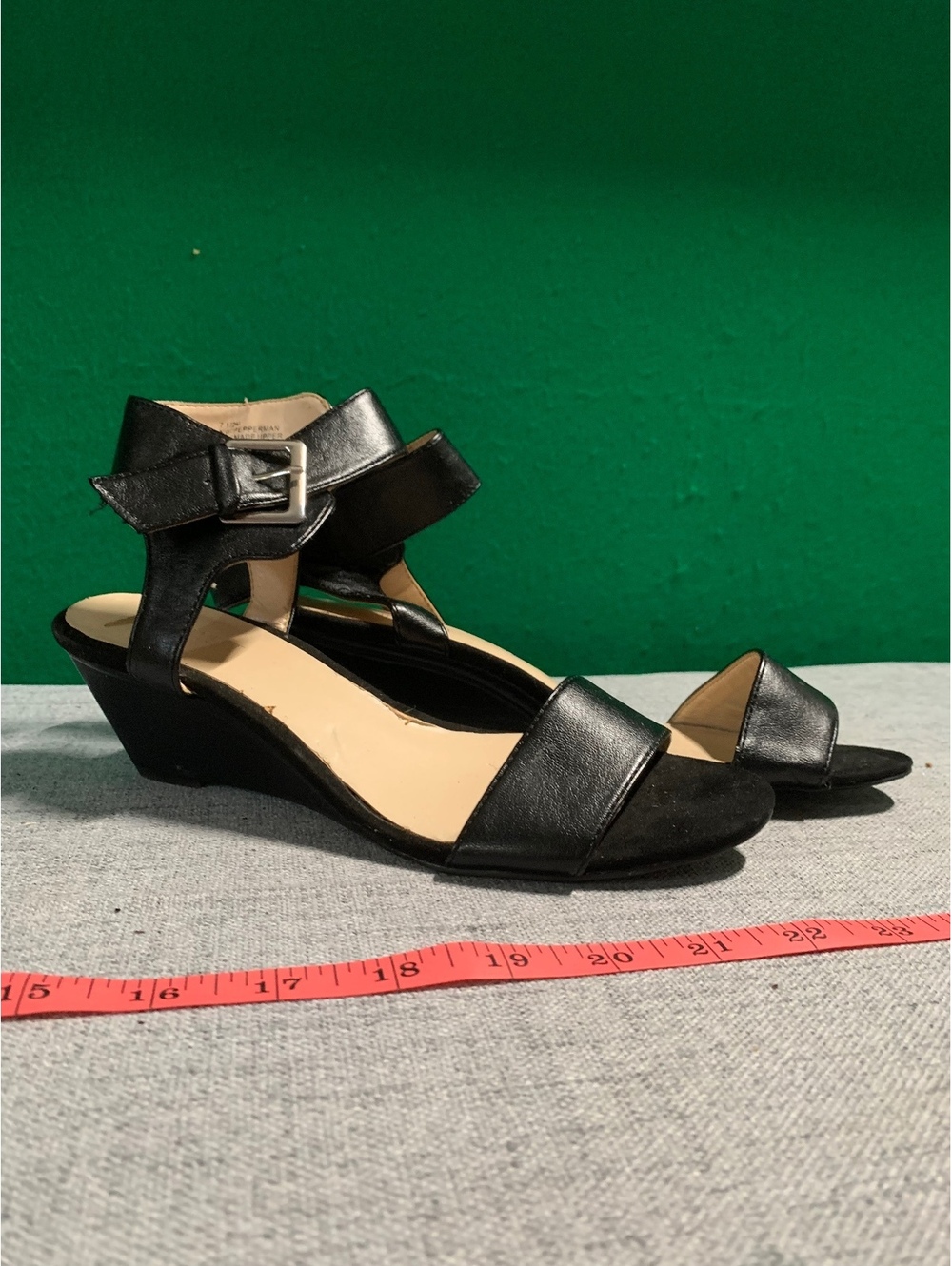 Black ankle strap low heel sandals with buckle